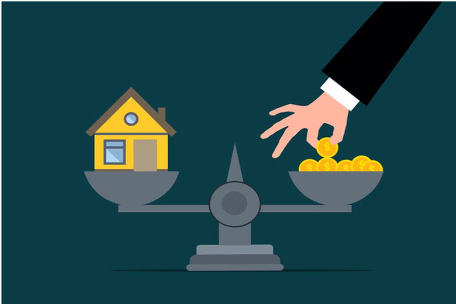 Illustration of money weighed on a scale against a house