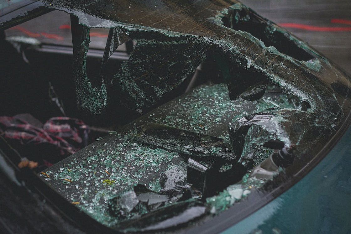 Wrecked windshield after a bad car accident