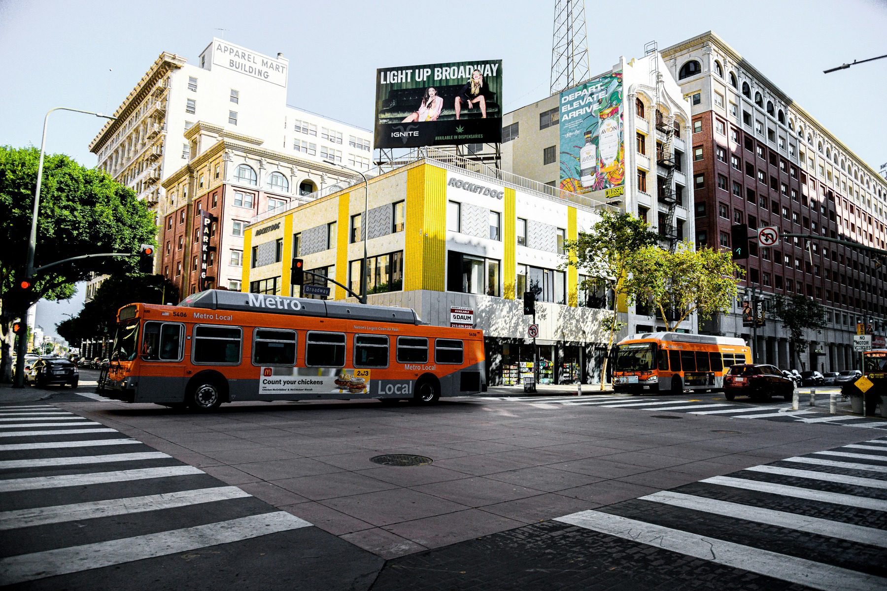 Metro bus driving on a city street